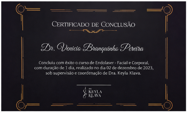 Certificado de conclusão do curso de Endolaser facial e corporal