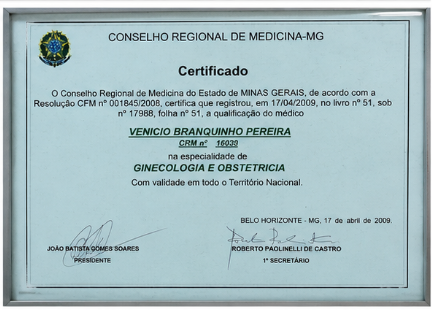 Certificado do Conselho Regional de Medicina de Minas Gerais em Ginecologia e Obstetrícia